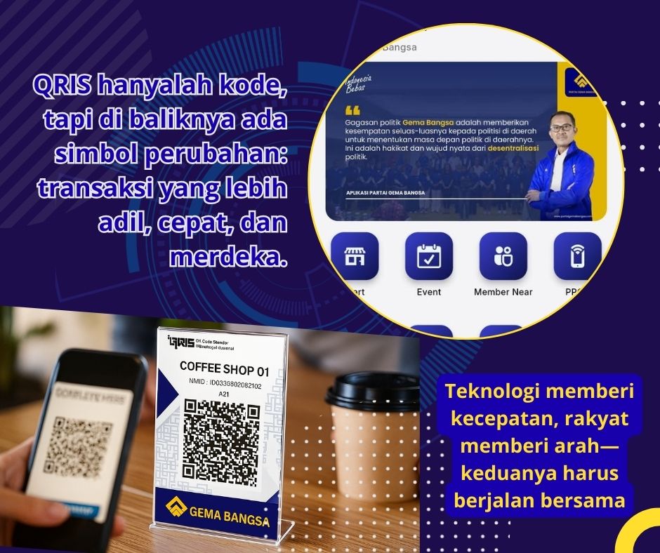 Ilustrasi. Seorang pelanggan memindai kode QRIS di Coffee Shop dengan logo Partai Gema Bangsa di samping tulisan, simbol digitalisasi untuk kemandirian ekonomi rakyat