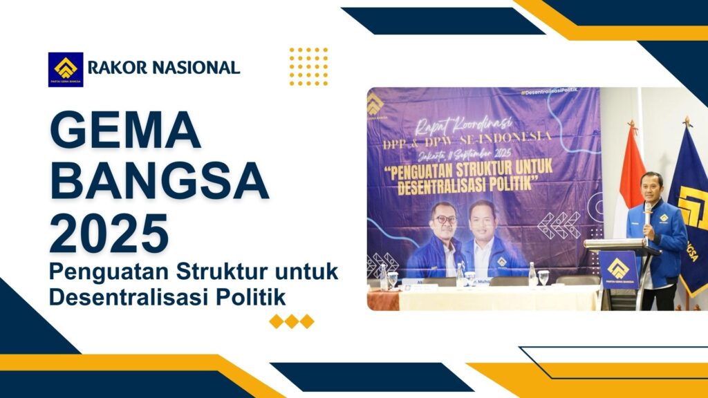 Ketua Umum Partai Gema Bangsa, Ahmad Rofiq, tampil di podium memimpin Rapat Koordinasi Nasional Gema Bangsa di Hotel Mercure Cikini, Jakarta, 11–12 September 2025.