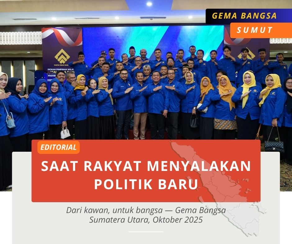 Suasana deklarasi Partai Gema Bangsa Sumatera Utara di Hotel Emerald, Medan — menampilkan semangat persatuan para kader dengan latar bendera merah emas dan cahaya hangat yang melambangkan kebangkitan politik rakyat dari utara.