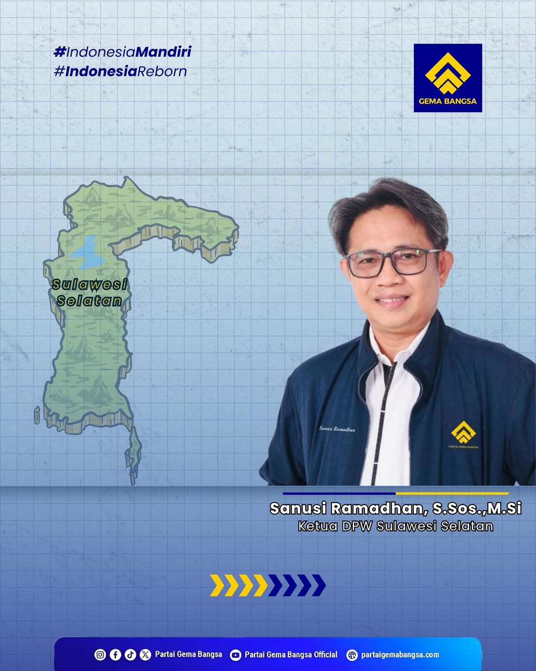 Sanusi Ramadhan, Ketua DPW Partai Gema Bangsa Sulawesi Selatan, memimpin konsolidasi dan penguatan struktur partai di tingkat kabupaten/kota dengan semangat desentralisasi politik.