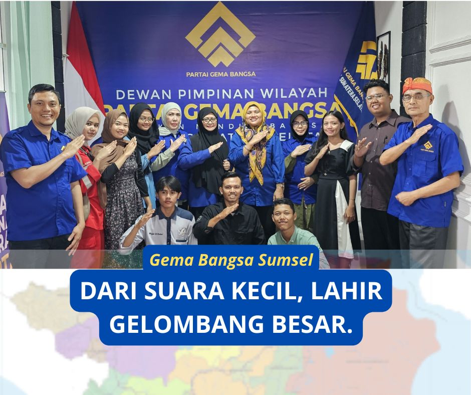 Foto bersama pengurus DPW Gema Bangsa Sumsel dengan nuansa warna biru dan kuning