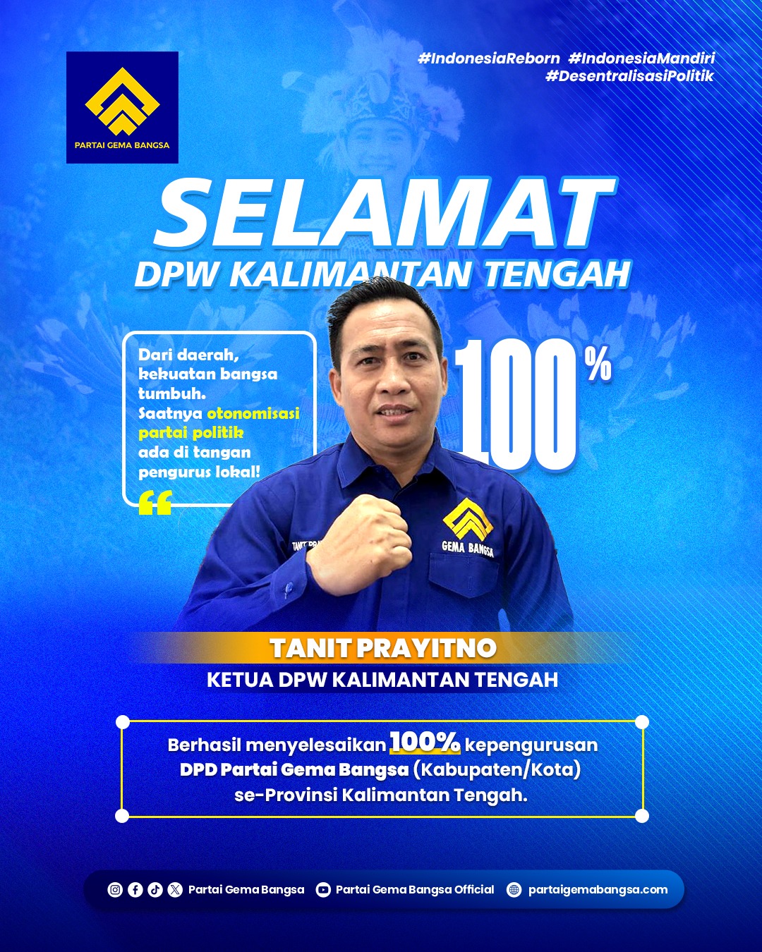 anit Prayitno, Ketua DPW Gema Bangsa Kalimantan Tengah, menegaskan kesiapan Gema Bangsa membangun kekuatan politik dari akar rumput menuju arah baru Pemilu 2029.