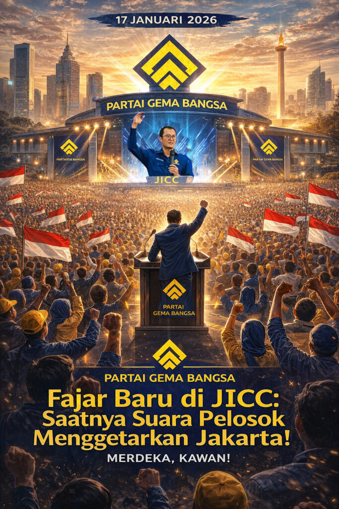 Deklarasi Partai Gema Bangsa di JICC Jakarta 2026 dengan visual rakyat, simbol partai, dan hologram suara daera