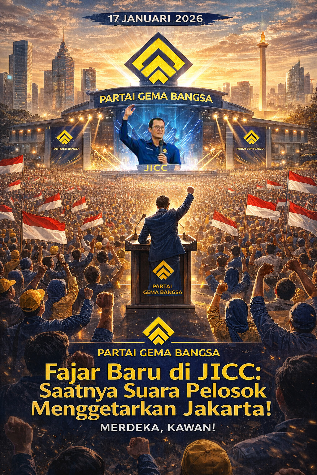 Deklarasi Partai Gema Bangsa di JICC Jakarta 2026 dengan visual rakyat, simbol partai, dan hologram suara daera