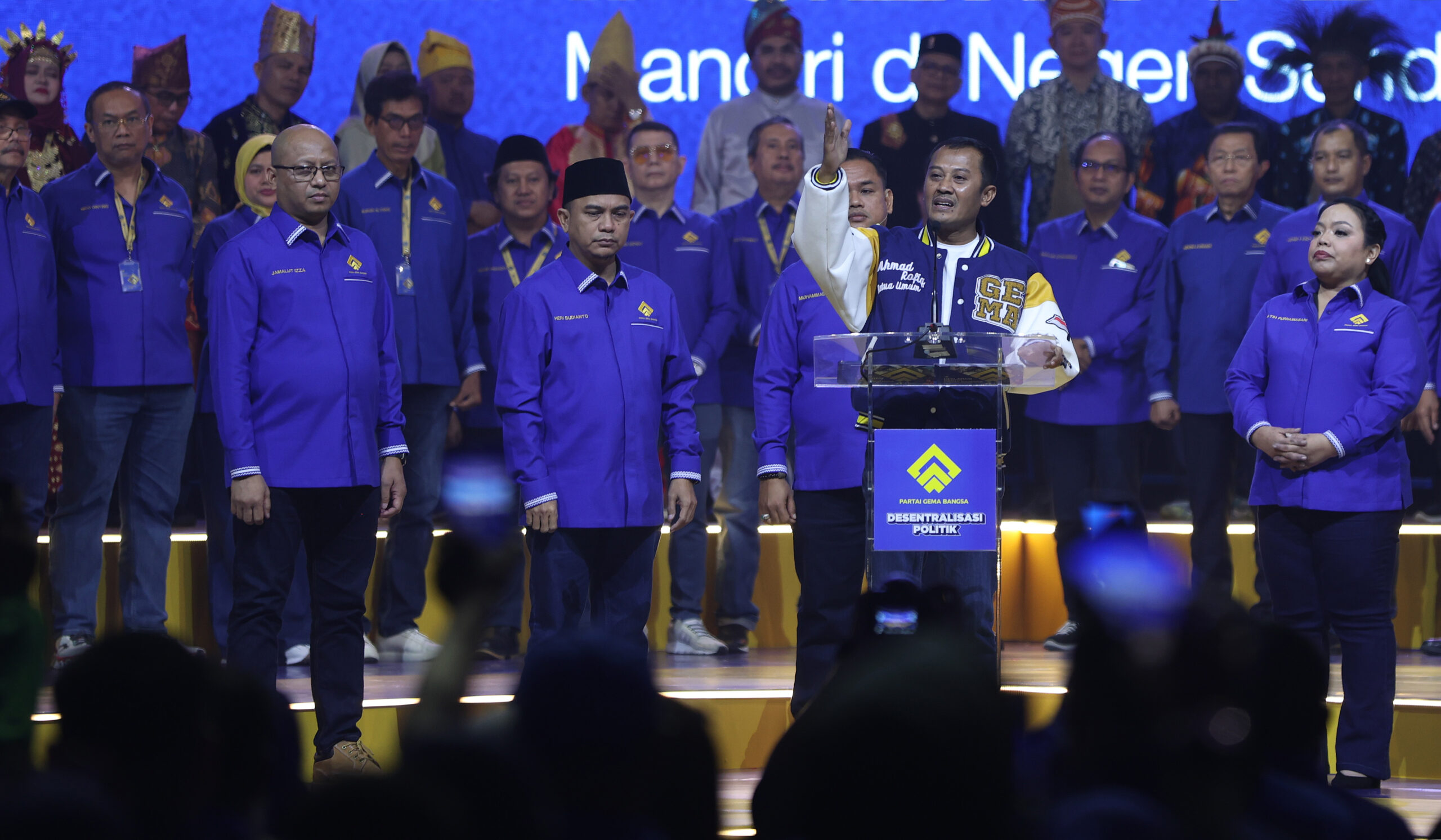 Ketua Umum Partai Gema Bangsa Ahmad Rofiq menyampaikan pidato pada deklarasi partai di JICC Jakarta.