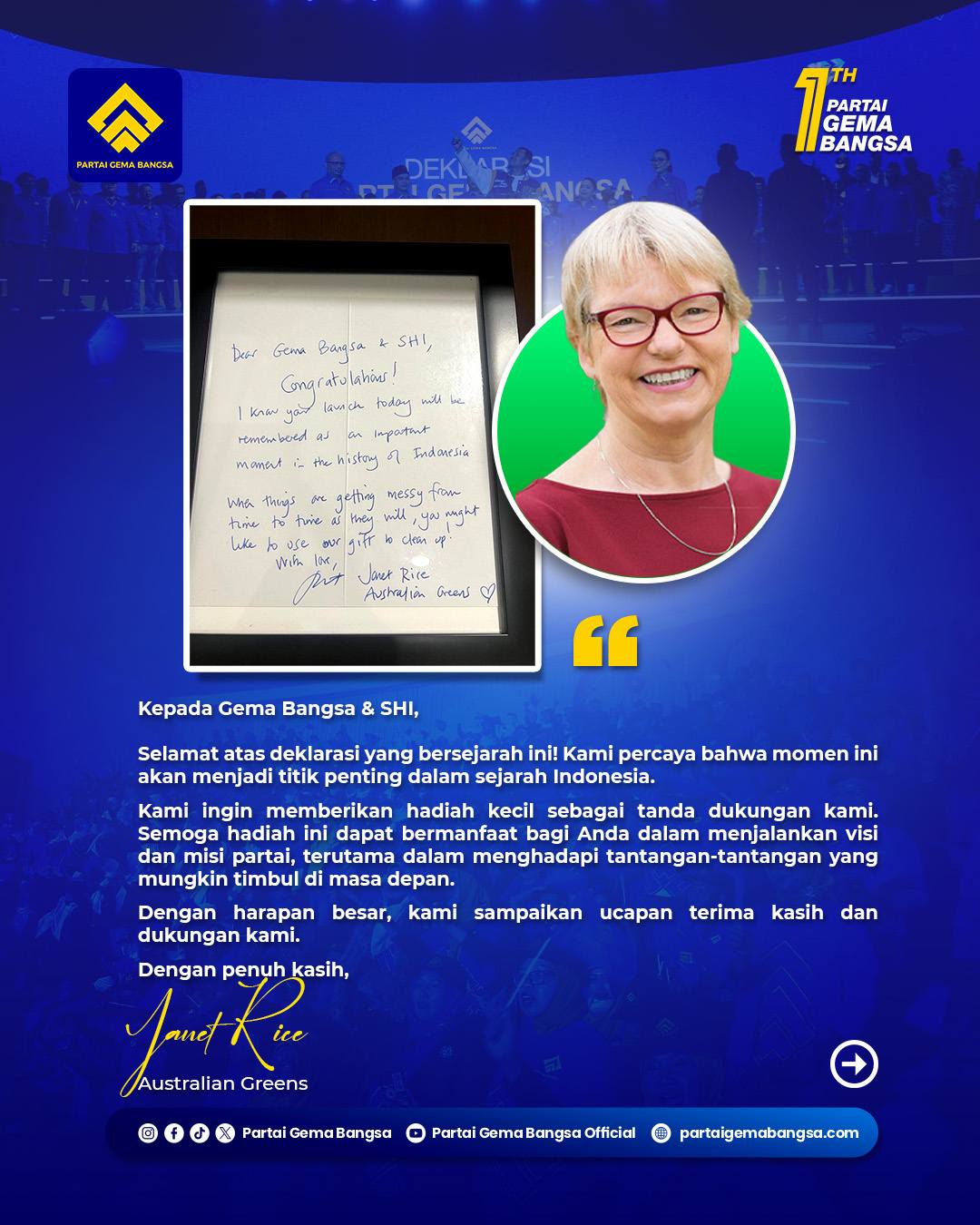 Pesan tertulis dari Janet Rice, tokoh Australian Greens, yang menyampaikan ucapan selamat dan dukungan solidaritas politik hijau atas Deklarasi Partai Gema Bangsa di Indonesia.