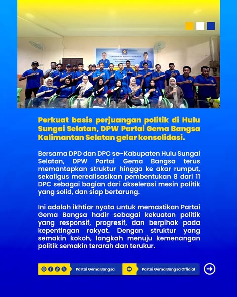 DPW Gema Bangsa Kalsel mantapkan struktur akar rumput di Hulu Sungai Selatan melalui akselerasi mesin politik yang solid dan progresif.