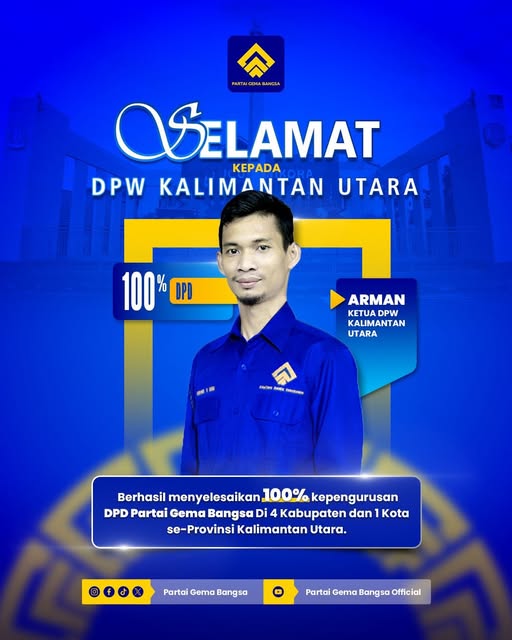 DPW Partai Gema Bangsa Kalimantan Utara sukses rampungkan struktur 100% di 5 Kabupaten/Kota. Bukti soliditas mesin politik menuju perubahan.