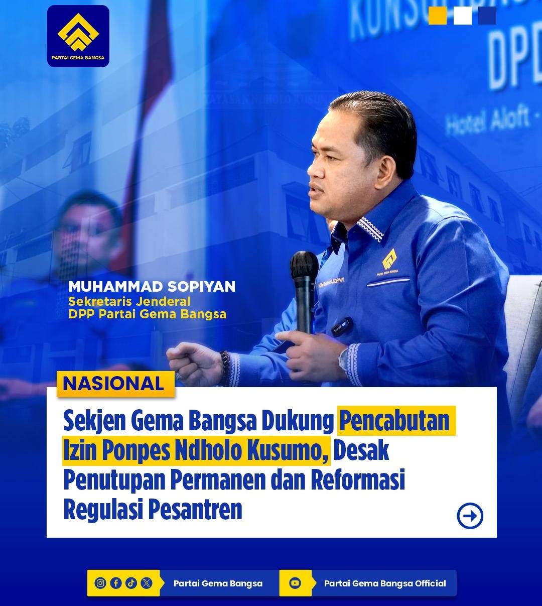DPP Partai Gema Bangsa dukung pencabutan izin Ponpes Ndholo Kusumo Pati dan desak hukuman seumur hidup bagi pelaku kekerasan seksual.